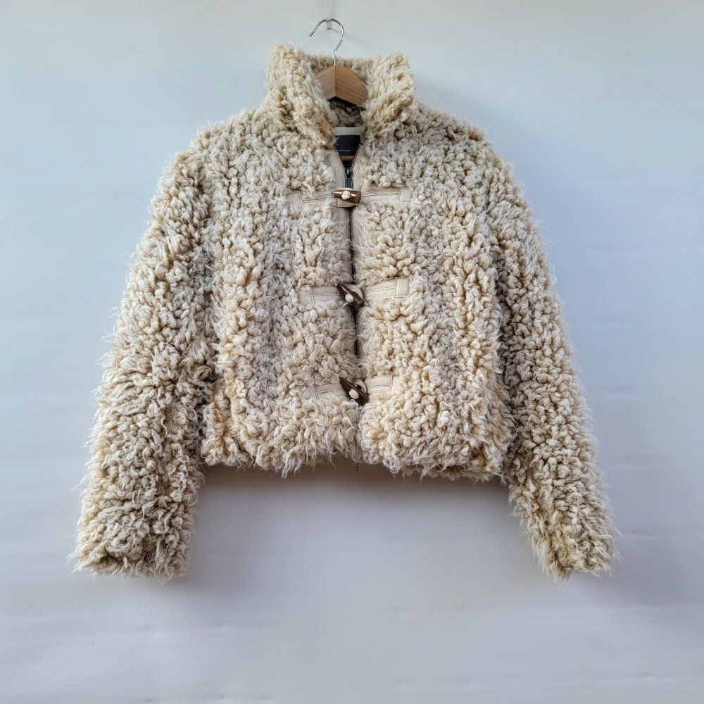 Anthropologie Brenna Shaggy Faux Fur Coat Size Small Boho Toggle Beige Taupe - Picture 14 of 15